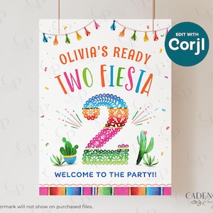 Op de afbeelding: Een kleurrijk feestbord met de tekst "Olivia's Ready Two Fiesta" en "Welcome to the Party!!". Het cijfer "2" is versierd met bloemmotieven. Bevat cactusillustraties en een Corjl-bewerkingsknop.