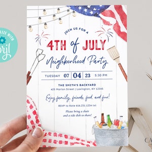 Convite para festa de 4 de julho, convite para festa de quarteirão de 4 de julho, convite para piquenique de bairro, convite para festa de 4 de julho, Corjl para impressão faça você mesmo