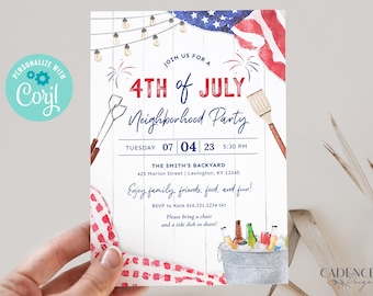 May include: A 4th of July neighborhood party invitation with a watercolor design. The invitation features a red, white, and blue American flag, fireworks, and a grill. The text on the invitation reads "Join us for a 4th of July Neighborhood Party" and includes the date, time, and location of the party. The invitation also includes the text "Enjoy family, friends, food, and fun!" and an RSVP contact.