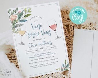 Wine Themed Bridal Shower Invite, Vino Before Vows Invitation, Winery Bridal Shower Invite, light blue and pink, blush blue, Printable Corjl