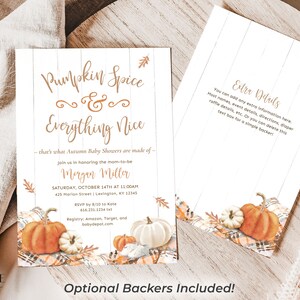 May include: Fall-themed baby shower invitations with the text "Pumpkin Spice & Everything Nice." The design features pumpkins, leaves, and plaid patterns. The invitation includes details for the event, including the date, time, and location.