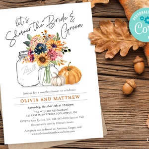 Digital Fall Couples Shower Invitation, Autumn Coed Shower Invitation, Fall Wedding Shower Invite, Mason Jars Invite, Printable, Corjl, F20