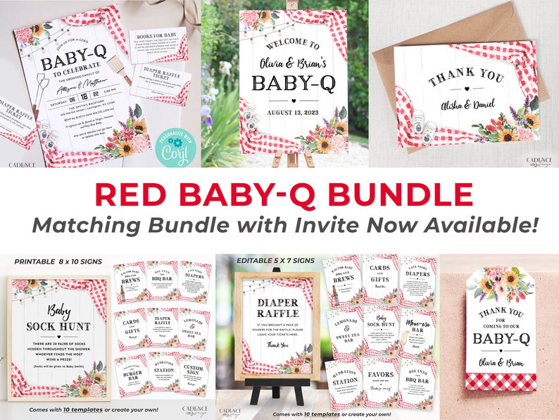 May include: Red and white checkered baby shower sign bundle with a welcome sign that says "Welcome to Olivia & Brian's Baby-Q August 13, 2023". The bundle includes printable 8x10 signs and editable 5x7 signs.