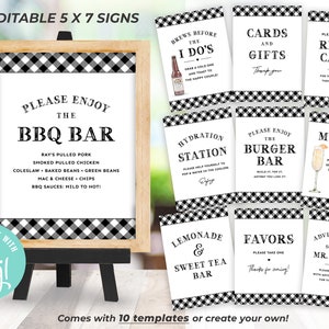 May include: A collection of printable 5x7 inch BBQ party signs with a black and white checkered border. The signs include "BBQ Bar," "Cards and Gifts," "Recipe Cards," "Hydration Station," "Burger Bar," "Mimosa Bar," "Lemonade & Sweet Tea Bar," and "Favors."