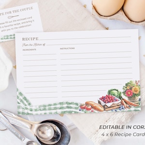 Cartes de recettes imprimables fraîches du marché pour la douche nuptiale, apportez une note de recette, modèle de cartes de recettes du marché de producteurs 4 x 6, vichy, numérique