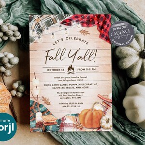 May include: Fall Y'all! invitation with a rustic wood background, a pumpkin, a s'more, and a plaid blanket. The text on the invitation reads "Let's Celebrate Fall Y'all!" with the date "October 12" and the time "From 5-9 PM".