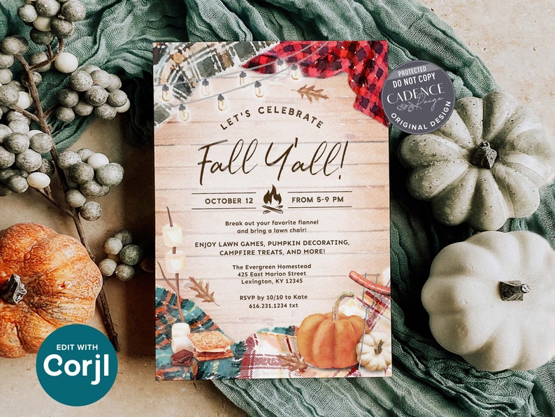 May include: Fall Y'all! invitation with a rustic wood background, a pumpkin, a s'more, and a plaid blanket. The text on the invitation reads "Let's Celebrate Fall Y'all!" with the date "October 12" and the time "From 5-9 PM".