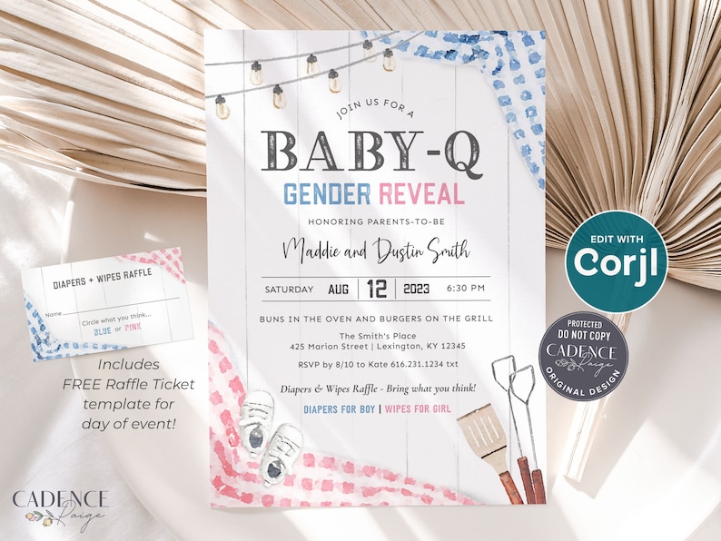 Puede incluir: Una invitaci&oacute;n a una fiesta de revelaci&oacute;n de g&eacute;nero con un fondo de acuarela azul y rosa. La invitaci&oacute;n presenta una parrilla, pinzas y una esp&aacute;tula. El texto de la invitaci&oacute;n dice "Join us for a Baby-Q Gender Reveal" y "Honoring Parents-to-be Maddie and Dustin Smith".