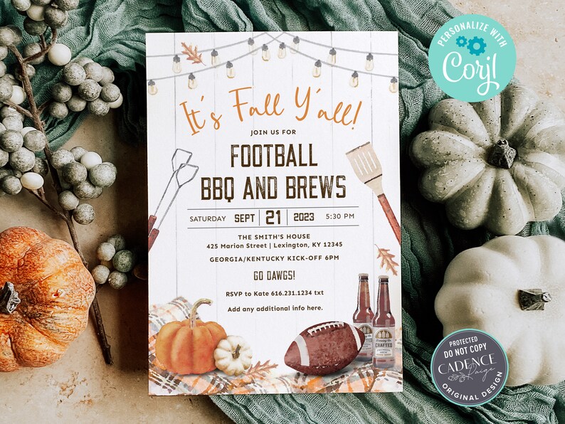 May include: A white invitation with a brown woodgrain background. The invitation reads "It's Fall Y'all!" with a football, BBQ, and brews theme. The invitation includes details for a football party, including the date, time, and location. The invitation also includes a football, pumpkins, and fall leaves.