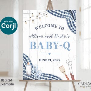 Blaues Baby-Q-Willkommensschild, Jungen-Baby-Q-Duscheposter, BBQ-Babyparty-Schild, Marineblaues Baby-Q-Duscheschild, Vorlage für Babyparty-Schilder, NYBQ