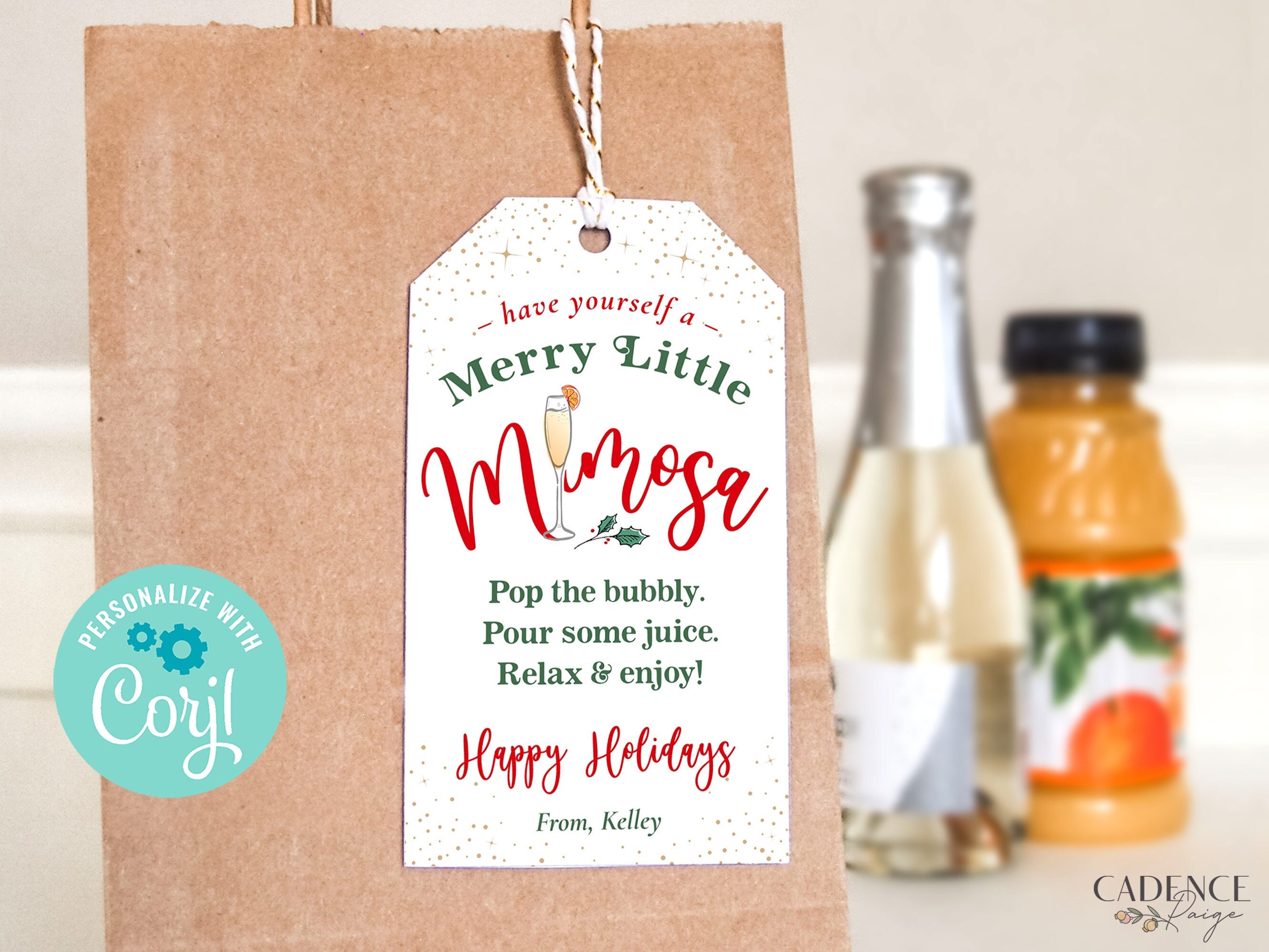 Merry Mimosa Gift Tag, Fun Holiday Gift Tag for Friends, Unique Teacher Gift,  Fun Neighbor Gift, Favor Tag, Customizable DIY EDITABLE, Corjl 