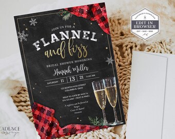 May include: A black chalkboard style invitation with gold lettering for a bridal shower. The invitation reads "Join us for a Flannel and Fizz Bridal Shower Honoring Hannah Miller" with the date, time, and location. The background features a red and black plaid pattern.
