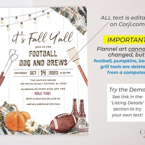 Puede incluir: Una invitaci&oacute;n imprimible para una fiesta de f&uacute;tbol de oto&ntilde;o con un dise&ntilde;o de acuarela de calabazas, tela a cuadros y una pelota de f&uacute;tbol. El texto dice "It's Fall Y'all" e incluye detalles para una fiesta de f&uacute;tbol BBQ y cervezas el 14 de octubre de 2023. La invitaci&oacute;n tambi&eacute;n incluye el texto "Role Tide!" y "Todo el texto es editable en Corjl.com".