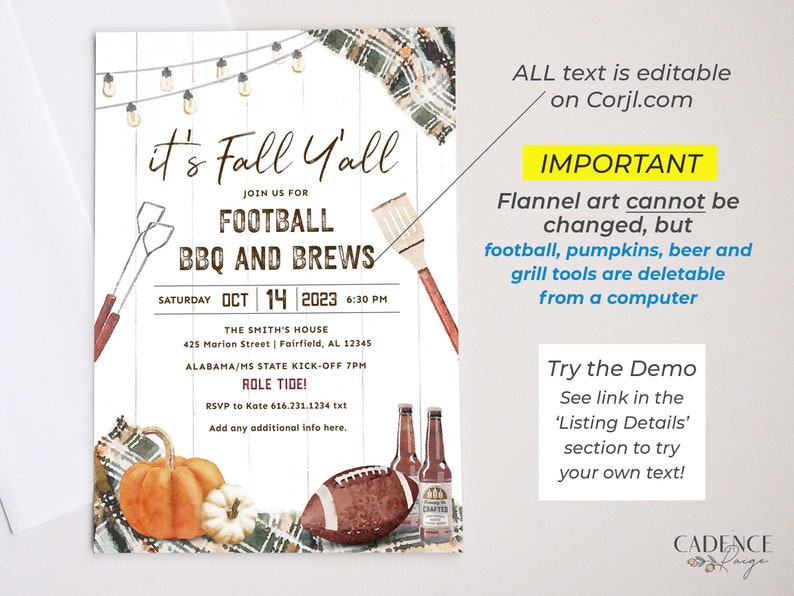 Puede incluir: Una invitaci&oacute;n imprimible para una fiesta de f&uacute;tbol de oto&ntilde;o con un dise&ntilde;o de acuarela de calabazas, tela a cuadros y una pelota de f&uacute;tbol. El texto dice "It's Fall Y'all" e incluye detalles para una fiesta de f&uacute;tbol BBQ y cervezas el 14 de octubre de 2023. La invitaci&oacute;n tambi&eacute;n incluye el texto "Role Tide!" y "Todo el texto es editable en Corjl.com".