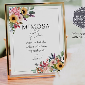 Panneau de bar mimosa fleurs sauvages, fleurs d'été, douche nuptiale mimosas, panneau Mimosa imprimable, décoration de douche nuptiale tournesol, PDF, W2
