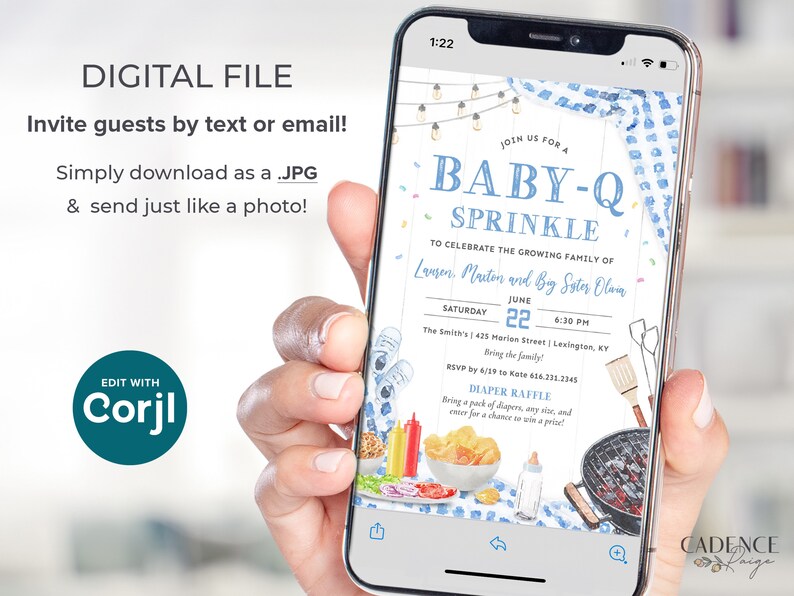 K&ouml;nnte beinhalten: Ein Smartphone zeigt eine Babyparty-Einladung mit dem Text "BABY-Q SPRINKLE". Die Einladung enth&auml;lt Illustrationen zum Thema Grillen und Informationen &uuml;ber eine Windel-Tombola. Das Telefon wird in einer Hand gehalten.