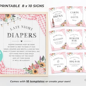 May include: Printable 8x10 signs for a baby shower with a pink and white gingham pattern and floral accents. The signs include "Late Night Diapers", "Bis for Baby BBQ and Brews", "Cards and Gifts", "Diaper Raffle", "Hydration Station", "Please Enjoy the Burger Bar", "Baby Sock Hunt", "Lemonade & Sweet Tea Bar", "Please Enjoy the BBQ Bar", and "Custom Sign".