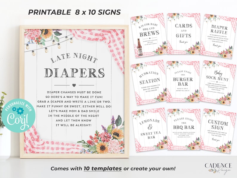 May include: Printable 8x10 signs for a baby shower with a pink and white gingham pattern and floral accents. The signs include "Late Night Diapers", "Bis for Baby BBQ and Brews", "Cards and Gifts", "Diaper Raffle", "Hydration Station", "Please Enjoy the Burger Bar", "Baby Sock Hunt", "Lemonade & Sweet Tea Bar", "Please Enjoy the BBQ Bar", and "Custom Sign".