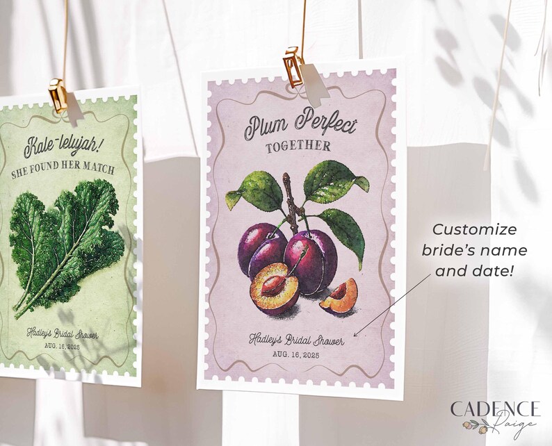 Fresh Off the Market Bridal Shower Banner featuring 18 unique 5x7 hanging signs, each adorned with vibrant fruit and vegetable illustrations and clever love-themed puns. Perfect for adding a fresh, rustic feel to your bridal shower, bachelorette party, or engagement celebration! Hang them all together as a statement piece or scatter them around the venue for a playful touch. Whether displayed indoors or outdoors, this bunting brings a pop of color and a dash of wit to your special day!