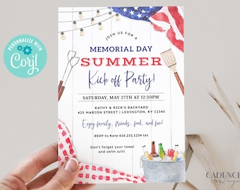 Memorial Day Party Invitation, Memorial Day Picnic Invite, Summer Kick off Pool Party Invite, Memorial Day BBQ Invite, Cookout DIY Printable