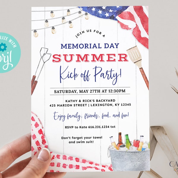 Memorial Day Party Invitation, Memorial Day Picnic Invite, Summer Kick off Pool Party Invite, Memorial Day BBQ Invite, Cookout DIY Printable