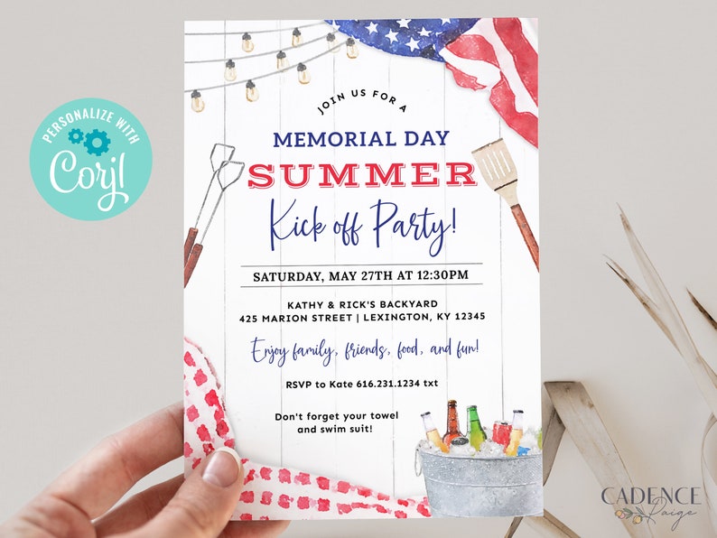 Memorial Day Party Invitation, Memorial Day Picnic Invite, Summer Kick off Pool Party Invite, Memorial Day BBQ Invite, Cookout DIY Printable image 1