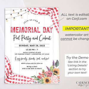 May include: A printable invitation for a Memorial Day pool party and cookout. The invitation features a red and white gingham pattern, watercolor flowers, and string lights. The text reads "Join us for a Memorial Day Pool Party and Cookout" and includes the date, time, location, and RSVP information.