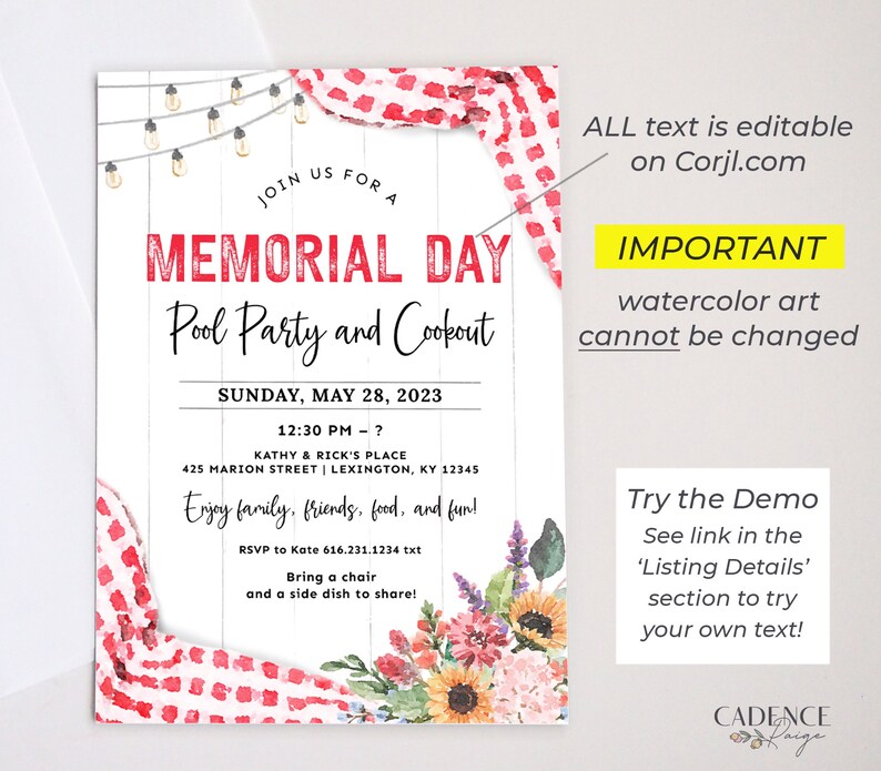 May include: A printable invitation for a Memorial Day pool party and cookout. The invitation features a red and white gingham pattern, watercolor flowers, and string lights. The text reads "Join us for a Memorial Day Pool Party and Cookout" and includes the date, time, location, and RSVP information.