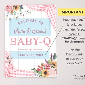Pu&ograve; includere: Un cartello stampabile per una festa di benvenuto al bambino con sfondo in legno bianco, vichy rosa e blu e dettagli floreali. Il cartello dice "Benvenuti a Olivia & Brian's Baby-Q 15 agosto 2021".