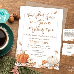 May include: A fall-themed baby shower invitation with the text "Pumpkin Spice & Everything Nice." The invitation features watercolor pumpkins, leaves, and a plaid blanket design. Additional cards include details for books and a diaper raffle.