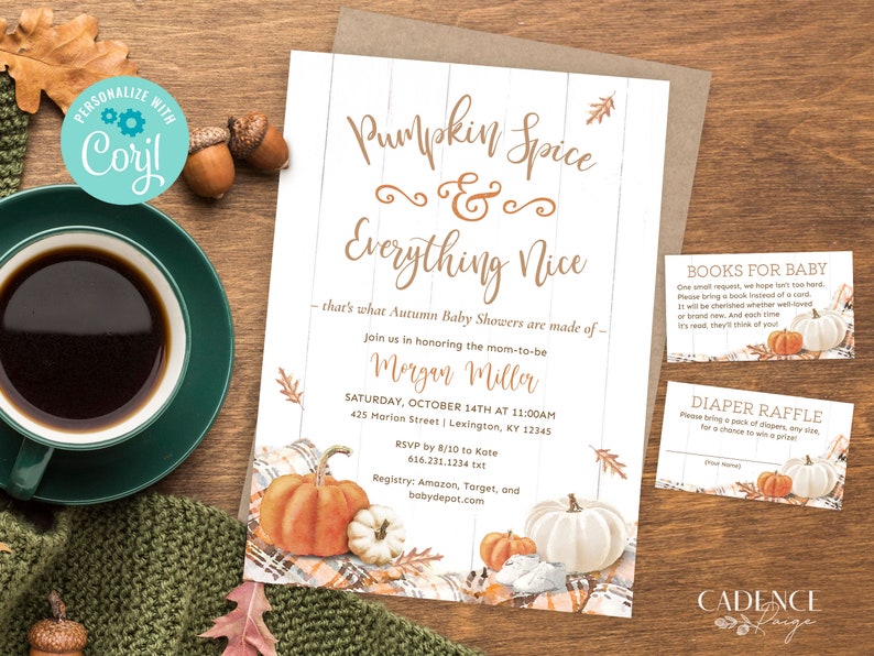 May include: A fall-themed baby shower invitation with the text "Pumpkin Spice & Everything Nice." The invitation features watercolor pumpkins, leaves, and a plaid blanket design. Additional cards include details for books and a diaper raffle.