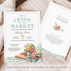 This Fresh Off the Market Bridal Shower invitation is perfect for a farmers market themed celebration. The design features watercolor illustrations of fresh cut flowers, fresh vegetables, mixed berries, crusty bread, and timeless green gingham setting the stage for a charming market style celebration.