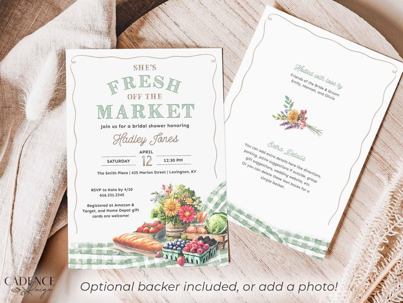 This Fresh Off the Market Bridal Shower invitation is perfect for a farmers market themed celebration. The design features watercolor illustrations of fresh cut flowers, fresh vegetables, mixed berries, crusty bread, and timeless green gingham setting the stage for a charming market style celebration.