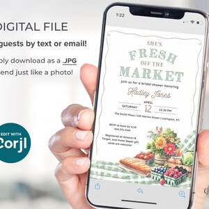 This Fresh Off the Market Bridal Shower invitation is perfect for a farmers market themed celebration. The design features watercolor illustrations of fresh cut flowers, fresh vegetables, mixed berries, crusty bread, and timeless green gingham setting the stage for a charming market style celebration.