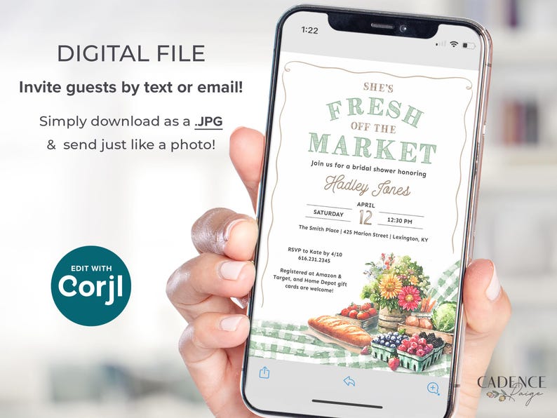 This Fresh Off the Market Bridal Shower invitation is perfect for a farmers market themed celebration. The design features watercolor illustrations of fresh cut flowers, fresh vegetables, mixed berries, crusty bread, and timeless green gingham setting the stage for a charming market style celebration.