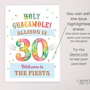 Pu&ograve; includere: Un cartello stampabile colorato con il testo "HOLY GUACAMOLE! ALLISON IS 30" e "Benvenuti a LA FIESTA". Il numero 30 &egrave; decorato con un motivo floreale e lo sfondo &egrave; bianco con coriandoli.