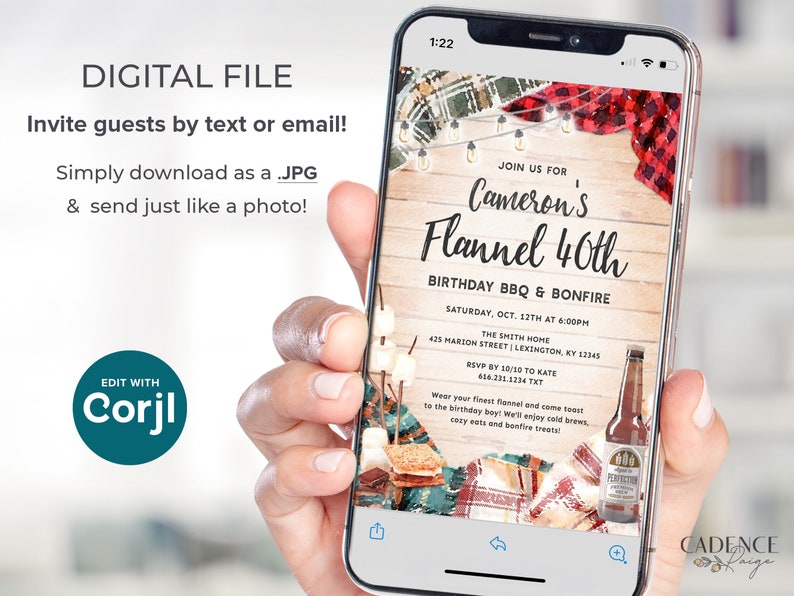 May include: A digital invitation for a 40th birthday party with a flannel theme. The invitation features a rustic wooden background with a red and black plaid pattern, a bottle of beer, and a campfire scene. The text reads "Join us for Cameron's Flannel 40th Birthday BBQ & Bonfire".