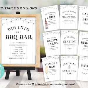 May include: Ten printable 5x7 inch signs with a rustic woodgrain background and string lights. The signs feature text for a BBQ party, including "Dig into the BBQ Bar", "Hydration Station", "Mimosa Bar", and "Lemonade & Sweet Tea Bar".