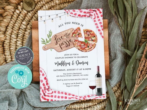 Pizza Couples Shower Invitation, Casual Pizza and Wine Bridal Shower Invitation, Italian Couples Shower, Love and Pizza, Printable Corjl, P3