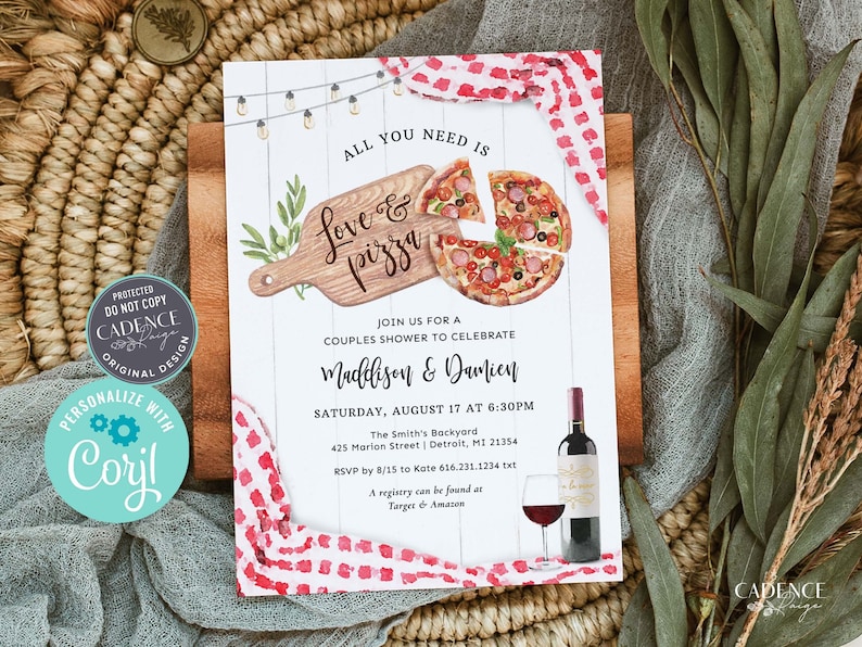 May include: A white invitation card with a red and white checkered pattern and a watercolor illustration of a pizza slice on a wooden cutting board. The text on the card reads "All you need is Love & Pizza" and "Join us for a couples shower to celebrate Madthison & Damien".