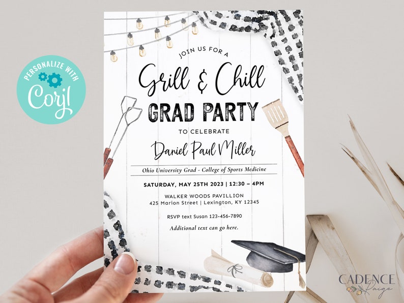 May include: A white graduation party invitation with black and white checkered patterns, a grill and chill theme, and the text "Grill & Chill Grad Party" to celebrate Daniel Paul Miller. The invitation includes the date, time, location, and RSVP information.