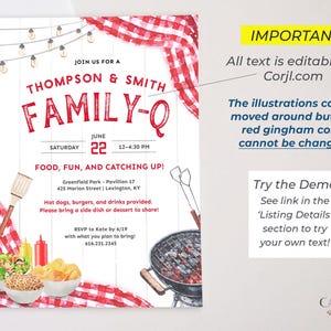 This playful summer family reunion invitation can feature two family names above the word "FAMILY-Q" or you can change it to REUNION. The design has classic BBQ elements like picnic food, grilling tools, and red checkered tablecloth draped in the corners. It will surely set the stage for a memorable day of family and fun! It says "FAMILY-Q" in bold letters to go with the playful vibe. The invitation can be printed or sent digitally by text.