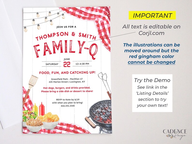 This playful summer family reunion invitation can feature two family names above the word "FAMILY-Q" or you can change it to REUNION. The design has classic BBQ elements like picnic food, grilling tools, and red checkered tablecloth draped in the corners. It will surely set the stage for a memorable day of family and fun! It says "FAMILY-Q" in bold letters to go with the playful vibe. The invitation can be printed or sent digitally by text.