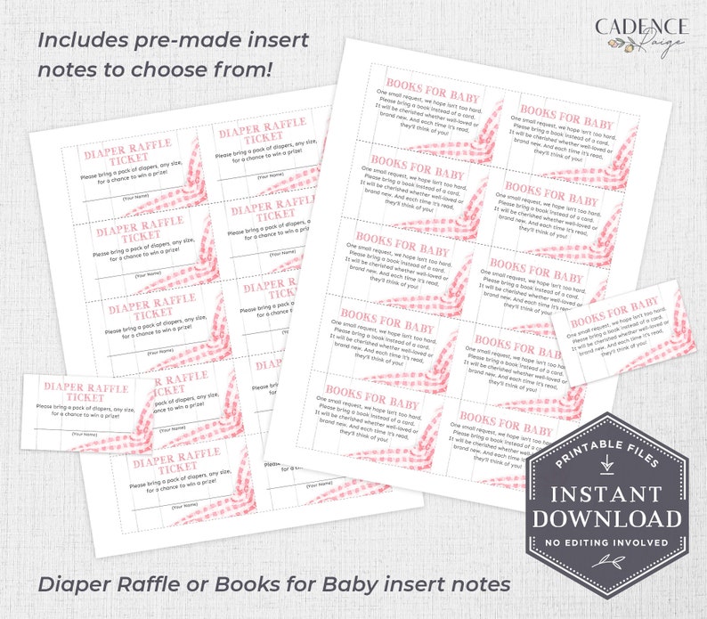 May include: Printable pink and white diaper raffle or books for baby insert cards with a gingham pattern. The text on the cards reads "Diaper Raffle Ticket" and "Books for Baby".