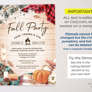 May include: Fall Party invitation with a rustic wood background and watercolor illustrations of pumpkins, a campfire, and s'mores. The text reads "Fall Party, Food, Friends & Fun, October 12, From 5-9 PM, Yard Games, Pumpkin Decorating, Hayrides, Campfire Treats, and More! The Evergreen Homestead, 425 East Marion Street, Lexington, KY 12345, RSVP by 10/10 to Kate, 616.231.1234 txt, Break out your favorite flannel and bring a lawn chair!"