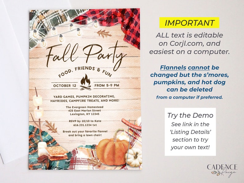 May include: Fall Party invitation with a rustic wood background and watercolor illustrations of pumpkins, a campfire, and s'mores. The text reads "Fall Party, Food, Friends & Fun, October 12, From 5-9 PM, Yard Games, Pumpkin Decorating, Hayrides, Campfire Treats, and More! The Evergreen Homestead, 425 East Marion Street, Lexington, KY 12345, RSVP by 10/10 to Kate, 616.231.1234 txt, Break out your favorite flannel and bring a lawn chair!"