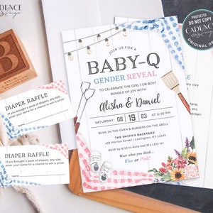 Gender Reveal BBQ Invitation, Baby-Q Gender Reveal Invitation, Fun Gender Reveal Invite, Blue or Pink, boy or girl, BabyQ Printable DIY BQGR image 1