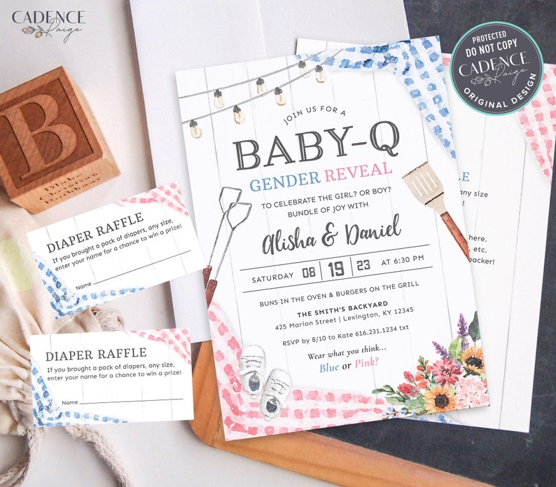 Gender Reveal BBQ Invitation, Baby-Q Gender Reveal Invitation, Fun Gender Reveal Invite, Blue or Pink, boy or girl, BabyQ Printable DIY BQGR image 1