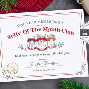 Download del Club della gelatina del mese, Club della gelatina del mese stampabile, Regalo scherzoso per le vacanze di Natale, Certificato della gelatina del mese, Corjl fai da te