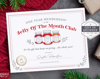 Download del Club della gelatina del mese, Club della gelatina del mese stampabile, Regalo scherzoso per le vacanze di Natale, Certificato della gelatina del mese, Corjl fai da te